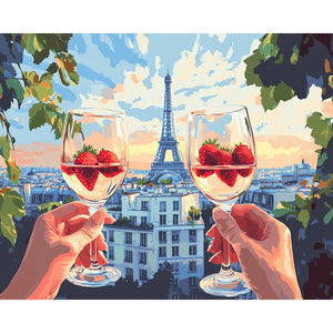 Cheers with Strawberry Drinks outside the Paris Tower Painting By Number 2