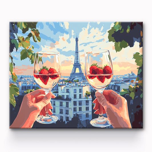 Cheers with Strawberry Drinks outside the Paris Tower Painting By Number 1