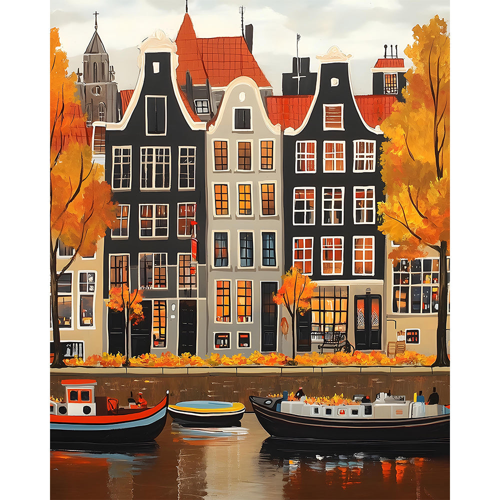 Autumn Canalside European Architecture Painting By Number 2