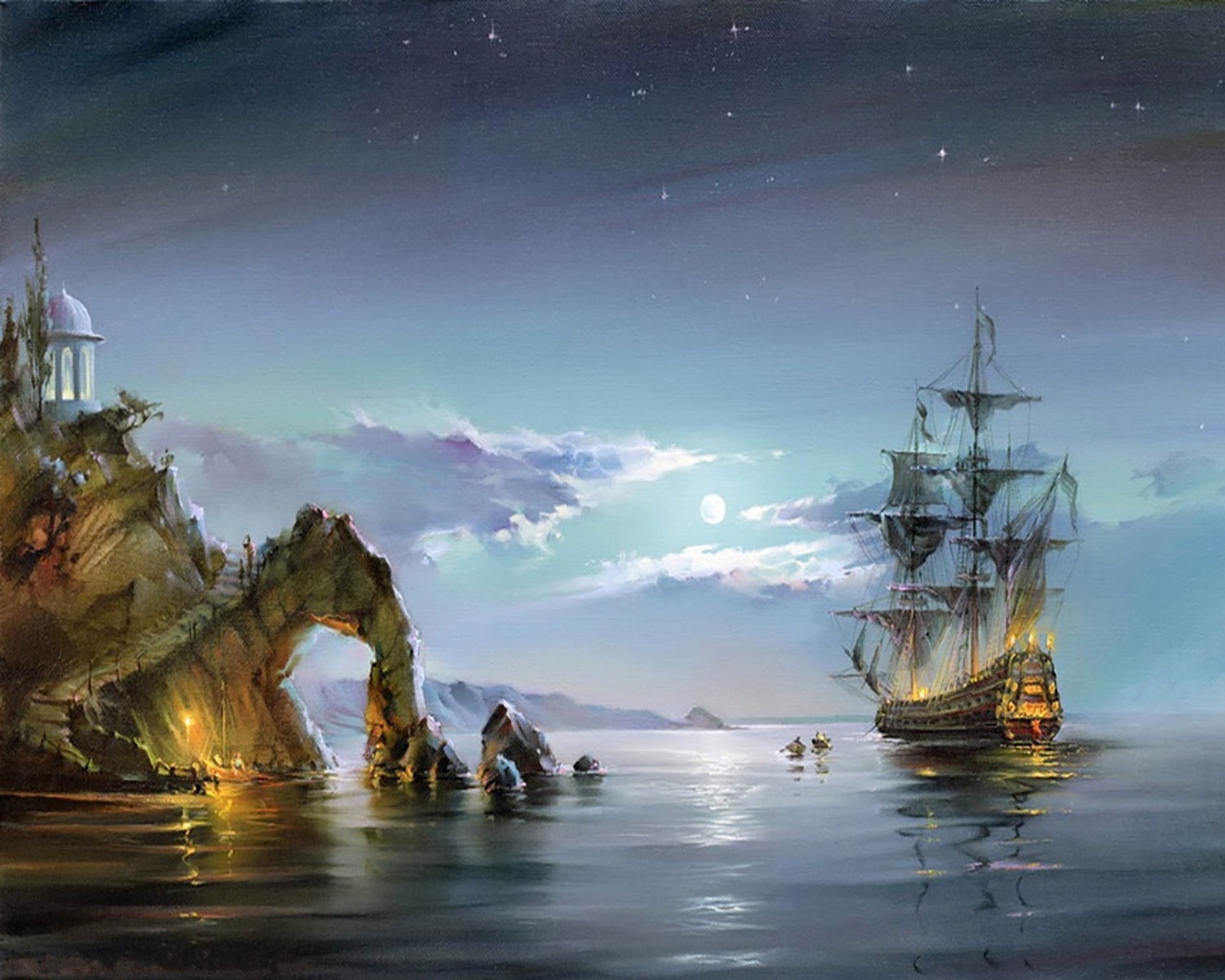 Canvas Boat In The Night Light Painting By Number 2