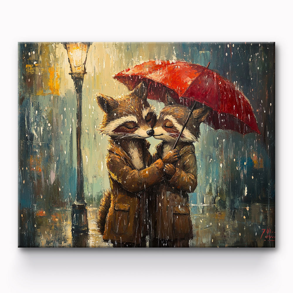 Fox Couple Embracing In The Rain Painting By Number 1