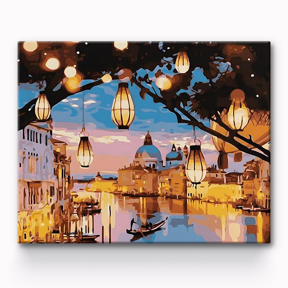 Lantern Boat By The River Painting By Number 1
