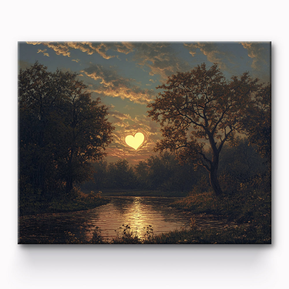Night by the Lake Meets Heart-Shaped Clouds Painting By Number 1